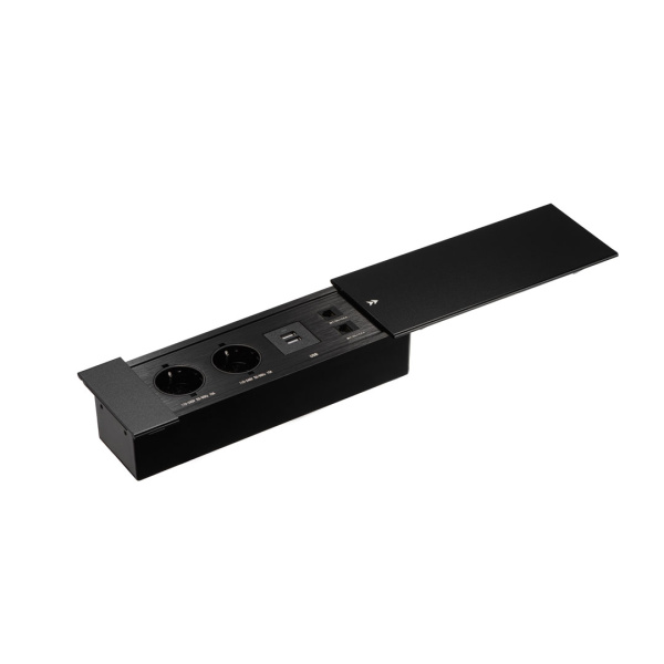 Удлинитель механический 728К 2 евро 2 USB-А + 2 RJ-45 (Ethernet), выдвижная панель Чёрный Мебакс