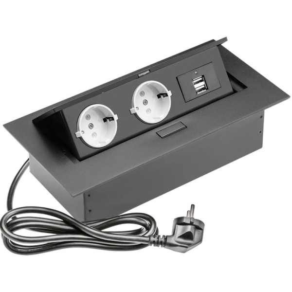 Удлинитель встраиваемый 2 гнезда 2 USB с кабелем Чёрный SETE
