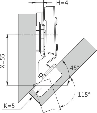 Петля угловая -45* CLIP-ON DTC STANDARD без монтажной планки 48мм