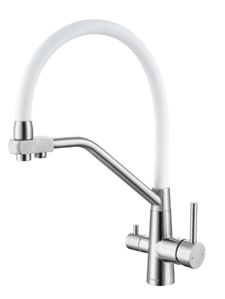 Смеситель SW4426 Сатин с белым гибким изливом и краном для питевой воды