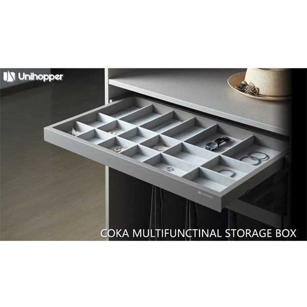 Выдвижная полка для аксессуаров беж кожа COKA 600 с доводчиком CLIP-ON Unihopper