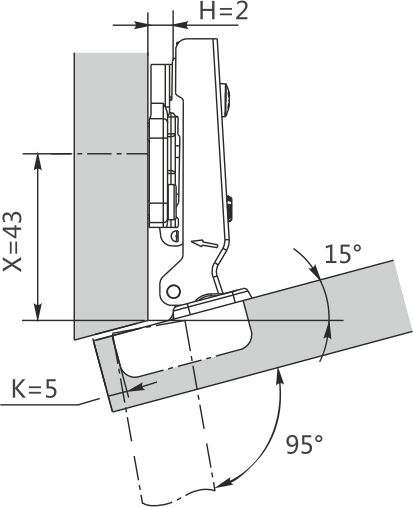 Петля угловая -15* CLIP-ON DTC STANDARD без ответветной планки 48мм